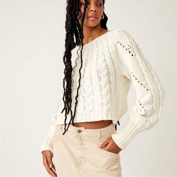 Free People Sandre Cable Knit Cropped Sweater in Cream Ivory White Size XL - Picture 2 of 8